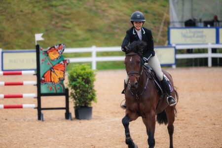 Kacy celebrates as her young mount Costbar 2 finished with a double clear to place 4th in the 1.20m Low Juniors.